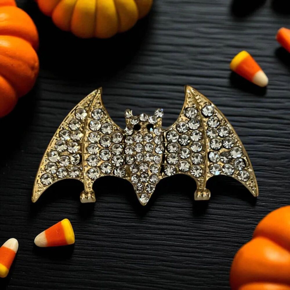 Stunning Elegant Halloween Bat Pin in Blue, Green and Black - Rhinestone Brooch